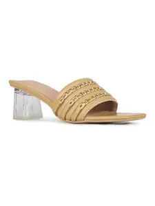 Inc.5 Womens Beige Party Wear Embellished Square Toe Block Heel Sandals