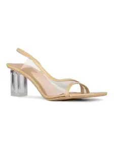 Inc.5 Women Beige Party Wear Transparent Square Toe Block Heel Sandals