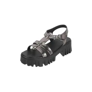 Mochi Women Gun Metal Synthetic Leather Block Heel Fashion Sandal UK/6 EU/39 (33-1043)