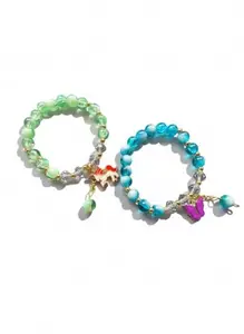 Beaded Charm Bracelets Set of 2, Unicorn & Butterfly Design, Adjustable Stretch Bracelet for Girls & Women, Blue & Green