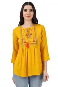 Women's Embroidered Short Length Rayon Tunic Top (Yellow, XL)-PID46357