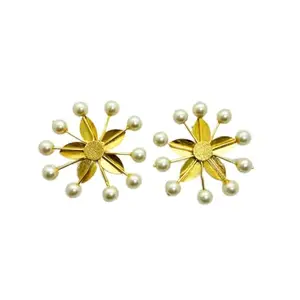 LocalLane Handcrafted Gold-Plated Lily Pearl & Brass Earrings