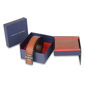 Tommy Hilfiger Binnions Men Leather Gift Set Include Global Coin Wallet and Belt Tan Color
