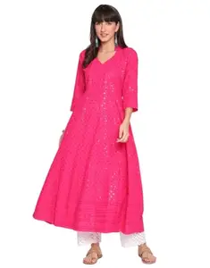 Women's Casual 3/4th Sleeve Chikan Embroidery Cotton Kurti (Pink, 3XL)-PID48467