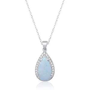 ZALKARI 1.3 Cttw Teardrop Lab Created Opal and White Sapphire Pendant Necklace In 925 Sterling Silver with 18" Cable Chain | 6 Months Warranty*