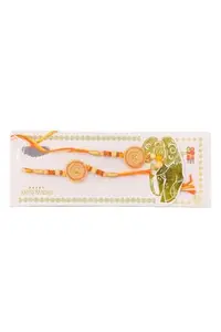 Handcrafted Rakhi and Lumba Set with Celtic Design, Orange Thread, Gold Beads.