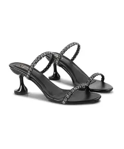 JM LOOKS Women's Kitten Heels Sandals Rhinestone Open Round Toe Slip On with Two Strappy Strap Dressy Sparkly Heel Bridal Shoes Wedding Party Heel - Black