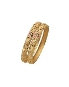 Traditional Gold Plated Bangles Set with Floral Design, Red and Green Stones, 2 Piece (2-6)