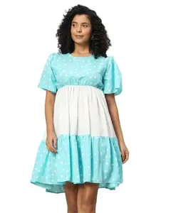 FUNDAY FASHION Women Casual Polka Dot Fit & Flare Dress (X-Large, Blue)