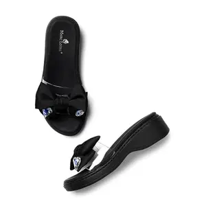 Marc Loire Women's Bow Embellished Slip-On Platform Heel Fashion Sandal for All Occasion (Black, 8)