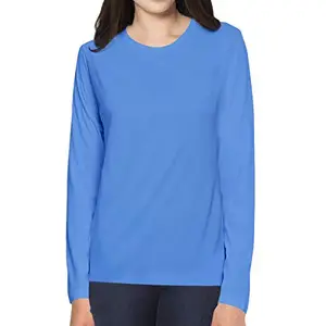 Pooplu Women's Regular Fit Premium Plain 100% Cotton Round Neck Full Sleeves, Casual Plain Pootlu Tees and Tshirts.(Oplu_Blue_Medium)