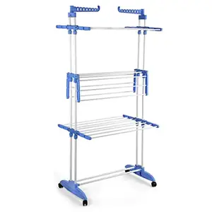 PrettyKrafts PrettyKrafts Premium Stainless Steel Heavy Duty Double Pole 3 Layer Super Jumbo Foldable Cloth Drying Stand/Clothes Dryer Stands/Laundry Racks with Wheels for Indoor/Outdoor/Balcony (3 Tier)