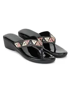 Fabbmate Fashionable Embroidered Stones Work T-Strap Flats Sandal for Women's Pack of 1 (Black, numeric_5)
