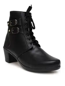 Planet Walk Black Square Toe Lace-Ups Biker Boots For Women's & Girl's