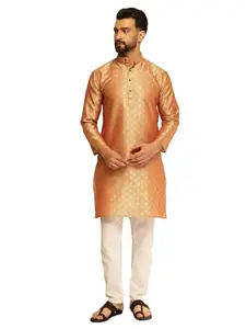 SOJANYA (Since 1958 Men's Jacquard Silk Contrast Red Thread Woven Design Orange Kurta With Pyjama