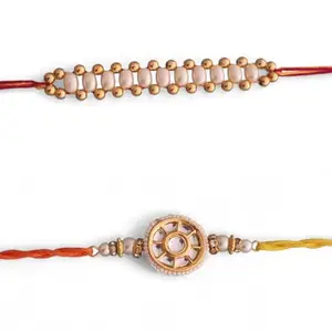 Ideaz unlimited Traditional Chakra & Simple Bead Rakhi | Pearl Beads & Gold Accents for Rakshabandhan | Pack of 2 Rakhi with Roli Chawal