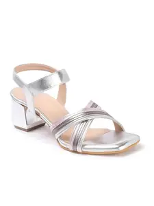 Carlton London Women Silver Stylish Fashion Embellished Sandals for Outdoor, Party, Wedding and Holidays with Block Heels (36)