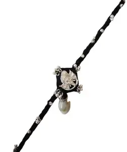 TRACY Panchmasi Rakhi for Expectant Mothers, GANPATI Design with Golden Coloured Beads, Black Cord, Adjustable Size | Panchmasiyu | (હનુમાનજી મળી +ચાર ચોક ની ધૂળ+અડદ ના દાણા +ચાકી+કોડી)(BLACK,1PCS)