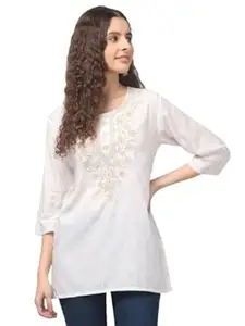 LIBA CREATIONS Rayon Short Kurta for Women Lakhnavi Chikankari Embroidered Ladies Kurti, Stylish Girls Top, Ethnic Half Kurtas 1pcs