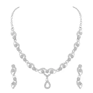 SAIYONI Graceful Floral Delicated Austrian Diamond Necklace Set For Women - Silver