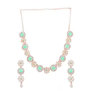 ACCESSHER Rose Gold Plated Mint Green Stones and Sparkling Rhinestones Studded Floral Design Delicate Necklace Set with Earrings for Women and Girls Pack of 1 Set