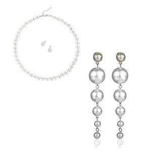 Tresneria® White Pearl Necklace Moti Mala Jewellery Set with Pearl Studs Pearl Danglers for Girls and Women