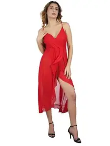 Shanxi Women's Red Wrap Dress with Spaghetti Straps, V-Neck, High Slit, Flowy Midi Length