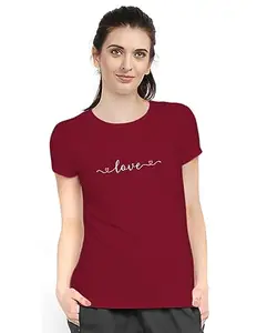 Blingmore Women's Cotton Blend Round-Neck Half Sleeves Regular Fit Graphics Solid T-Shirt Love Print(M,Maroon)