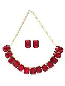 VAPPS Gold-Plated Red Crystal Studded Choker, Bracelet, Ring Jewellery Set for Women and Girls