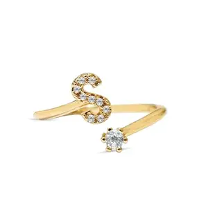 Initial Letter 'S' Ring with Cubic Zirconia, Gold-Plated, Adjustable
