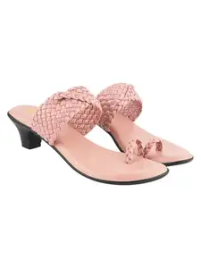 Shoetopia Women's Peach Braided Kitten Heel Sandals ||Stylish Toe Loop Slip-On Heels with Woven Strap – Comfortable Party & Casual Footwear EU36