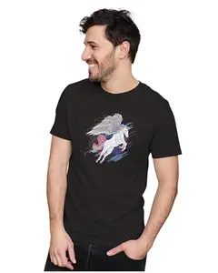 ALLEN BLACK Men's & Women's Regular Fit T-Shirt Unicorn Power 100% Cotton Unise T-Shirt Black_RAINBOW31-Black XL Men Round_