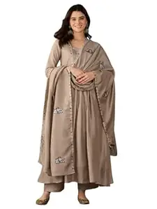 Naixa Women's Vichitra Silk with Lining Embroidered Flared Kurta with Pant And Dupatta Sets (NK-852)