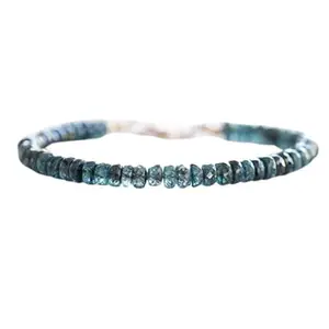 RRJEWELZ Teal Kyanite Rondelle Beaded Bracelet – Smooth 3.5-4mm Blue Stones with Gold Lock – 7 Inch Adjustable link Bracelet for Men & Women|LCBR_RR_06389