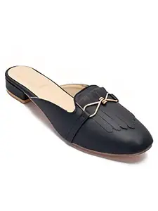 Padvesh Women's Navy Blue Casual Heel Mules | Stylish and Fashionable Low Heel Mules | Fashion Ballet Comfortable Slip on Casual Mules | Soft Footbed Mules Sandals for Women & Girls