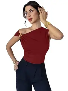 TIVANTE Solid Asymmetric Neck Crop Top for Women with Buckle Detail | Sleeveless top for Women | Korean top