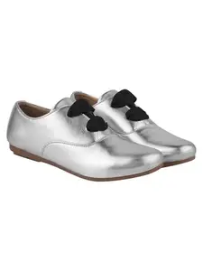 Shoetopia Women Silver Dress Shoes – Stylish Metallic Flats with Black Bow Detail, Perfect for Formal & Casual Occasions EU37
