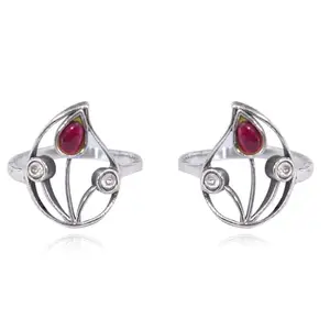 Unniyarcha Pure Silver 92.5% Aam Ras Red Stone Toe Ring Silver Finish for timeless elegance, 100% Handcrafted by skilled Indian artisans, BIS Hallmarked for guaranteed silver purity.
