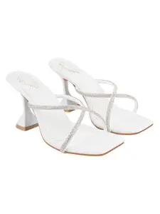 Shoetopia Women’s Rhinestone Strappy White Heeled Sandals – Square Toe Mule Slides, Sparkly Crystal Thin-Strap Dress Heels with Flared Block Heel – Bridal/Party & Casual Footwear EU41