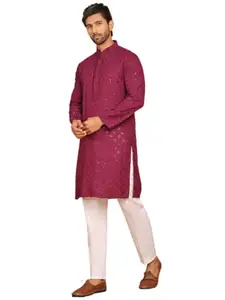 Jompers Embroidered Cotton Kurta with Pyjama (Purple,M)