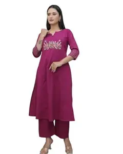 RAJEE TRENDS Women's Cotton Embroidered Straight Kurti with Pant Set