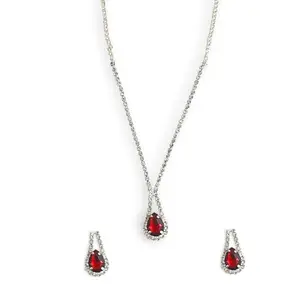 ACCESSHER Silver Tone American Diamond Studded Necklace Jewellery with Teardrop Pendant, Fashionable Necklace With Earrings Set for Women & Girls (Dark Red)