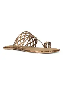 Inc.5 Womens Gold Ethnic Striped Round Toe Flats