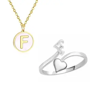 Generic Kerry Jewel Alphabet "F" Enamel Charm Pendant with Ajustable Ring Set for Women an Girls