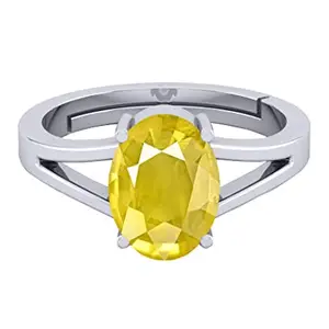 SIDHARTH GEMS Certified Unheated Untreatet 6.00 Carat A+ Quality Natural Yellow Sapphire Pukhraj Gemstone Silver Plated Ring for Women's and Men's