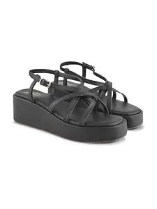 JM LOOKS Open Toe Sandals Platform Wedge Sandals with Cushioned Insole and Ankle Strap Strappy Espadrille Wedge Sandals for Women - Black