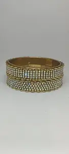 Gold-Plated Crystal Bangles Set, Iridescent Rhinestone Design, Traditional Style, Set of 2