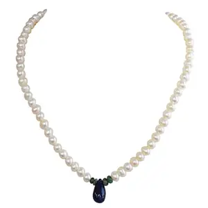 SURATDIAMOND Real Pearl, Sapphire, Emerald Beads Necklace for Women