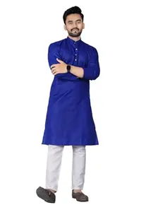 Men's A-Line Kurta, Cotton Blend Full Sleeves Long Kurta with Pant Set (in, Alpha, L, Regular, Standard, Dark Blue) (MEN31-DBLUE-L_BAZ)