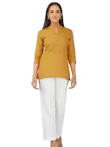 KHADDARVAS Women Cotton Khadi Short Kurti 3/4 Sleeve Regular Fit Casual Pairs with Palazzo, Trousers & Jeans